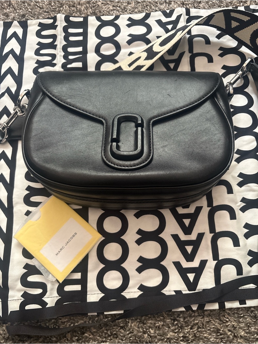 Marc Jacobs Black Leather Crossbody Camera Bag with Cream Strap Detail